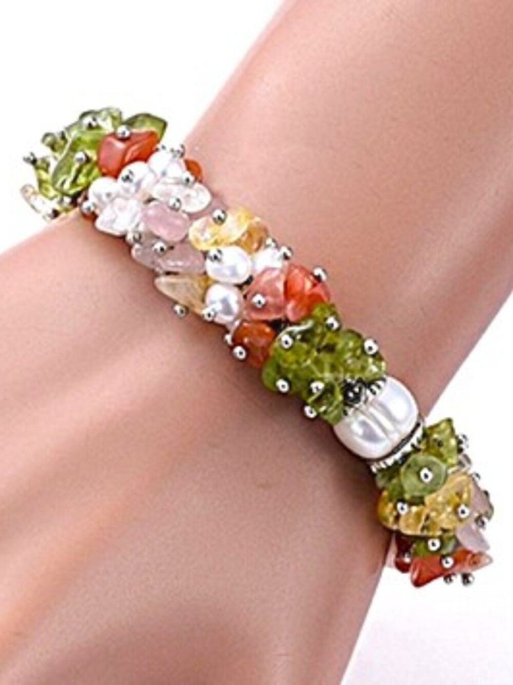 Natural Gemstone & Pearls Bracelet; Peridot, Rose Quartz, Carnelian & Citrine